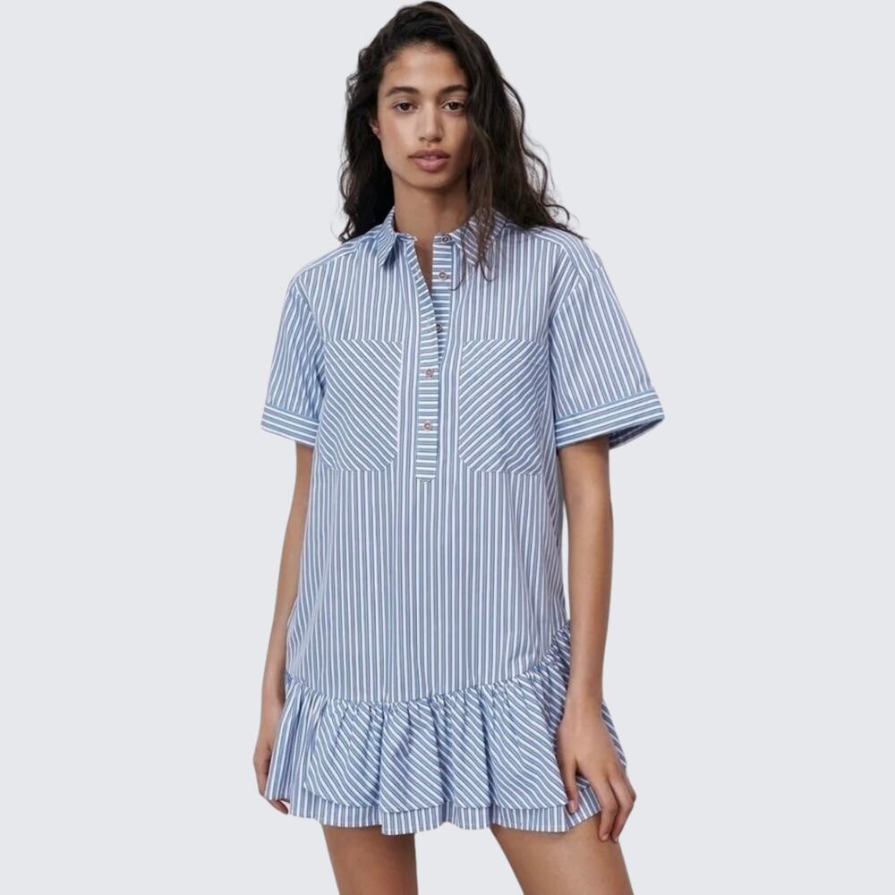 Zara Striped Shirt Dress Blue White Ruffle Hem Cotton Poplin Mini Collared Sz M
